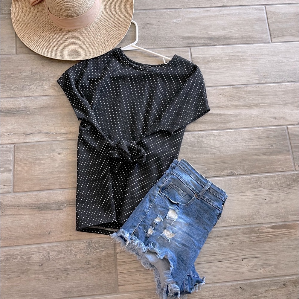 Black Poka Dot short sleeve with waist tie.